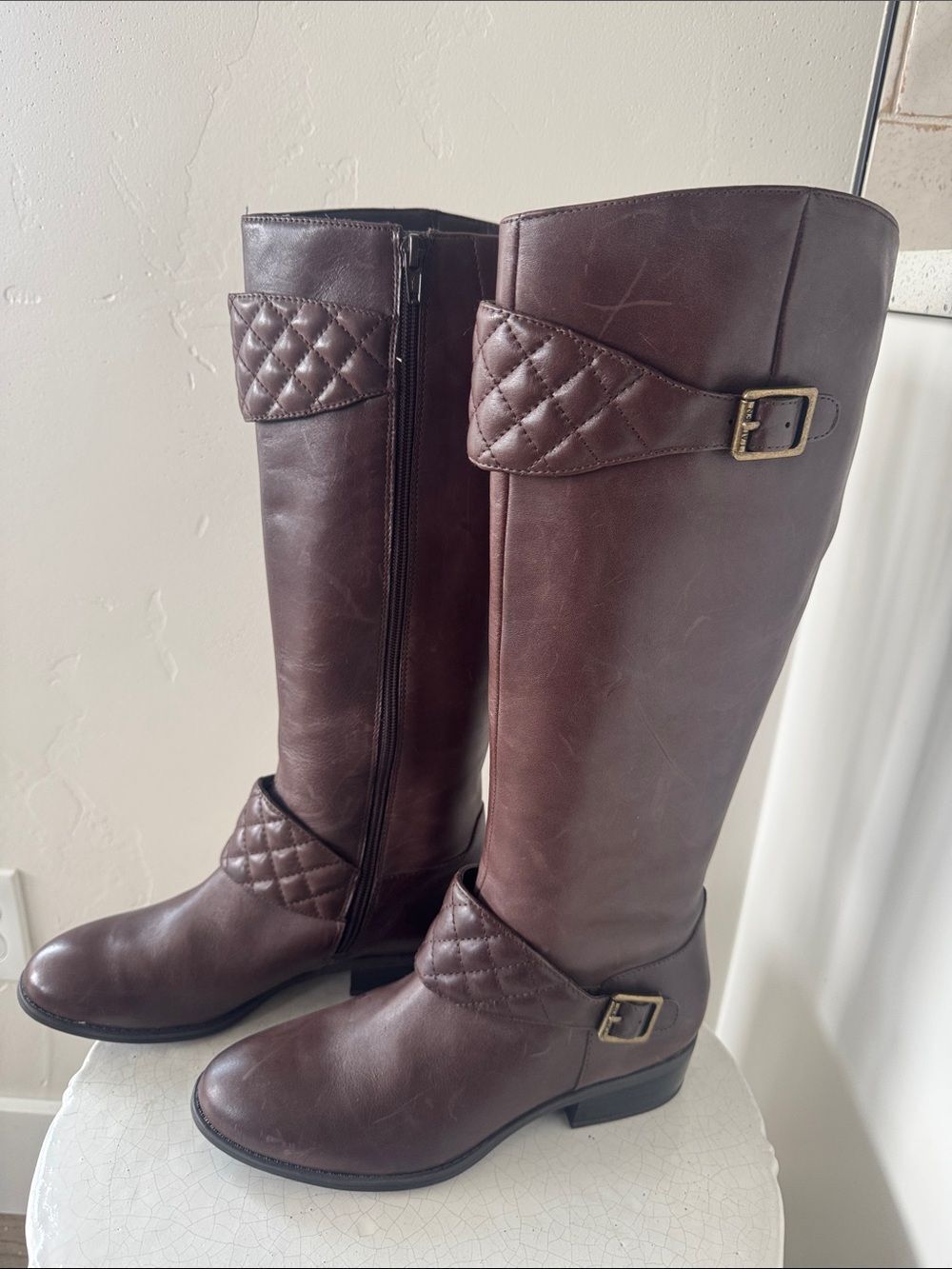 LAUREN Ralph Lauren MAVEAH Brown Leather Quilted Strap Riding Boots Size 7.5B
